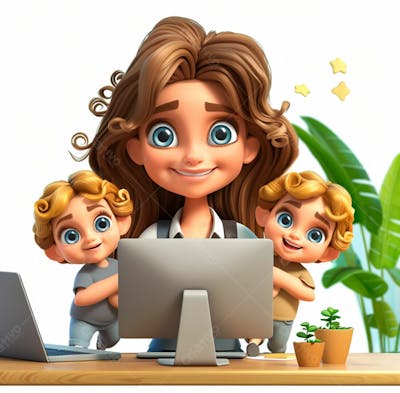 Imagem De Uma Mãe Com Seus Filhos No Computador 19