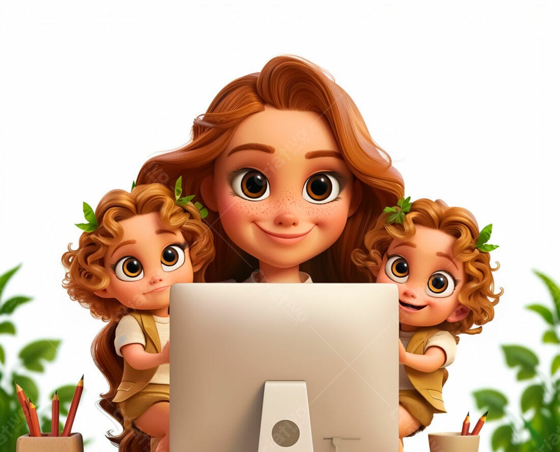 Mãe e filhas trabalhando em computador