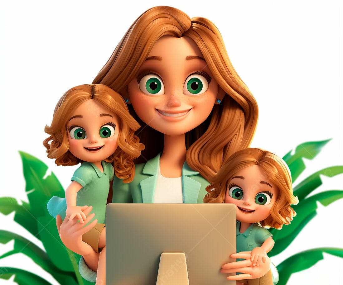 Mãe e filhas trabalhando em laptop