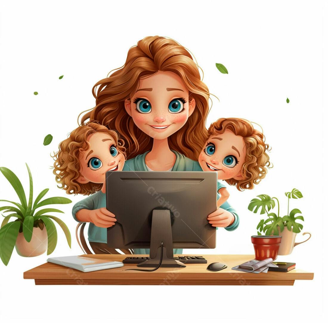 Mãe trabalhadora com filhos no computador