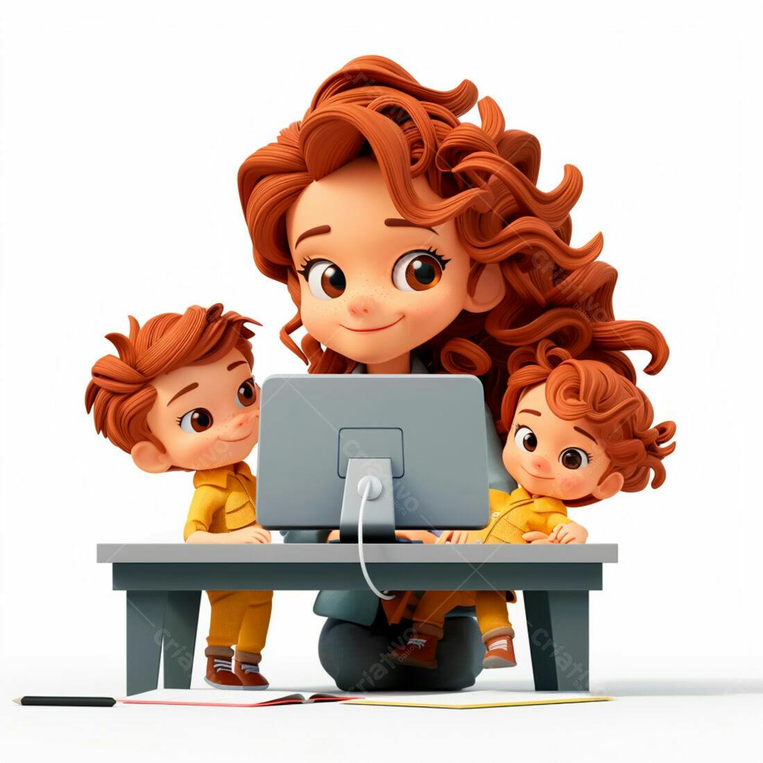 Mãe trabalhando com filhos no computador