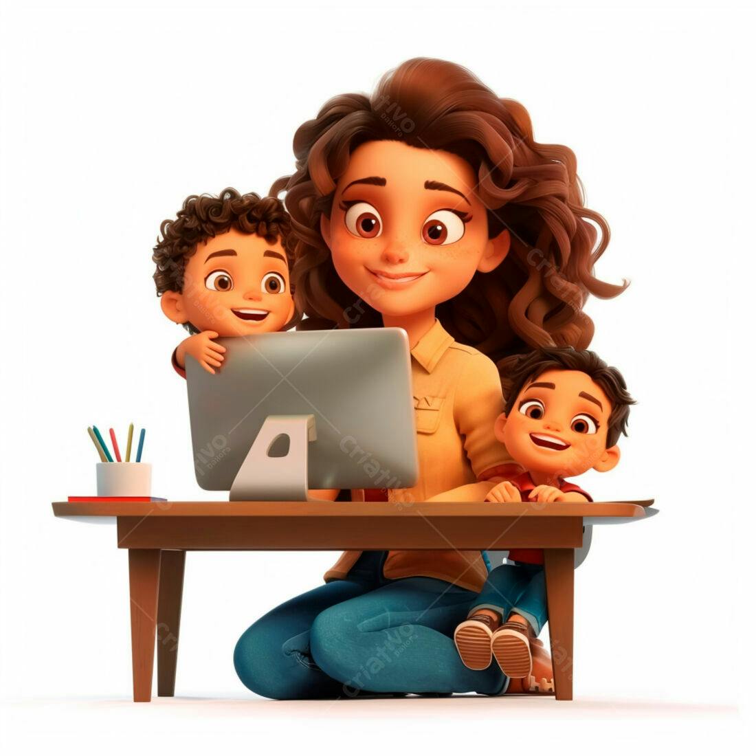 Mãe e filhos trabalhando em computador