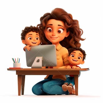 Imagem de uma mãe sentada trabalhando no computador com os filhos 2