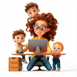 Imagem de uma mãe sentada trabalhando no computador com os filhos 3