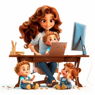 Imagem de uma mãe sentada trabalhando no computador com os filhos 4