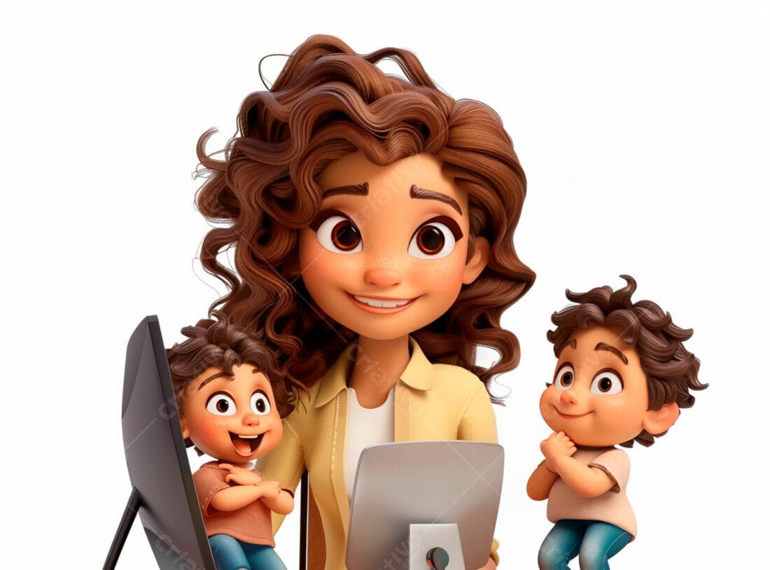 Mãe com dois filhos trabalhando em casa