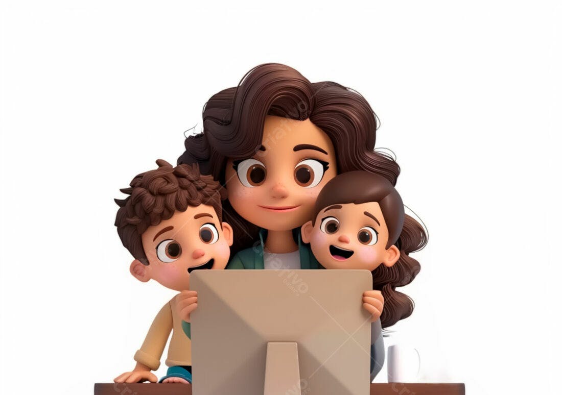 Mãe e filhos usando computador ilustração 3D