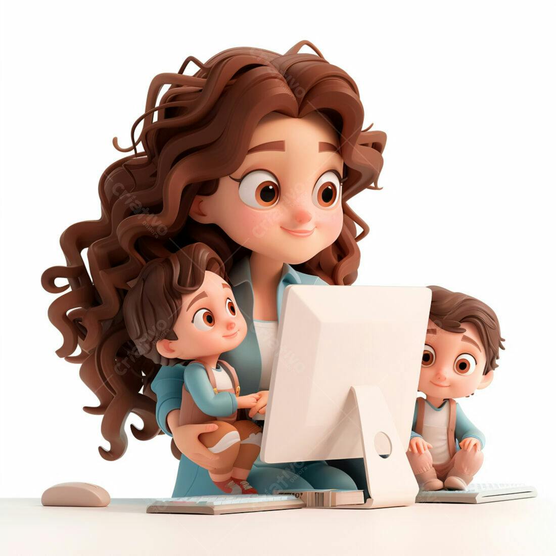 Mãe Trabalhando em Casa com Dois Filhos