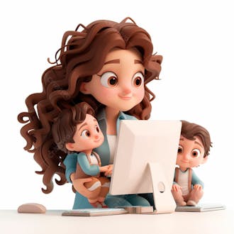 Imagem de uma mãe sentada trabalhando no computador com os filhos 7
