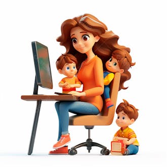 Imagem de uma mãe sentada trabalhando no computador com os filhos 8