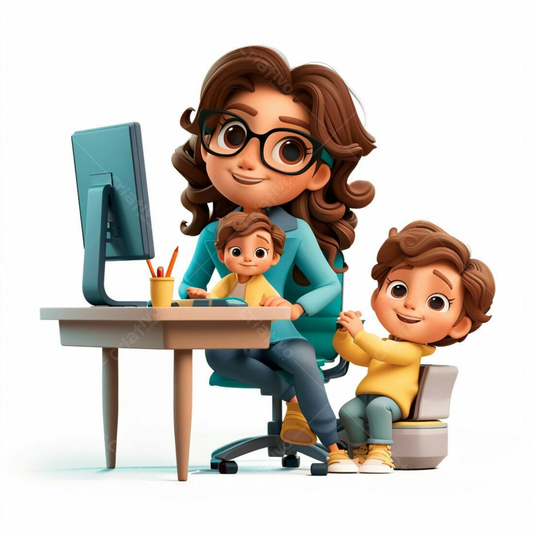Mãe trabalhando em casa com filhos