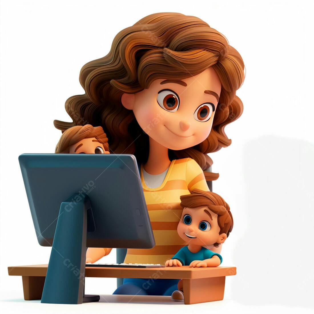 Mãe trabalhando em casa com filhos