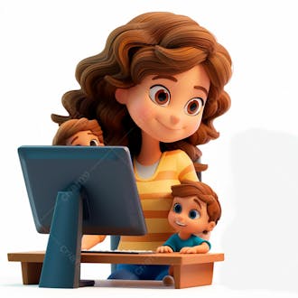 Imagem de uma mãe sentada trabalhando no computador com os filhos 10