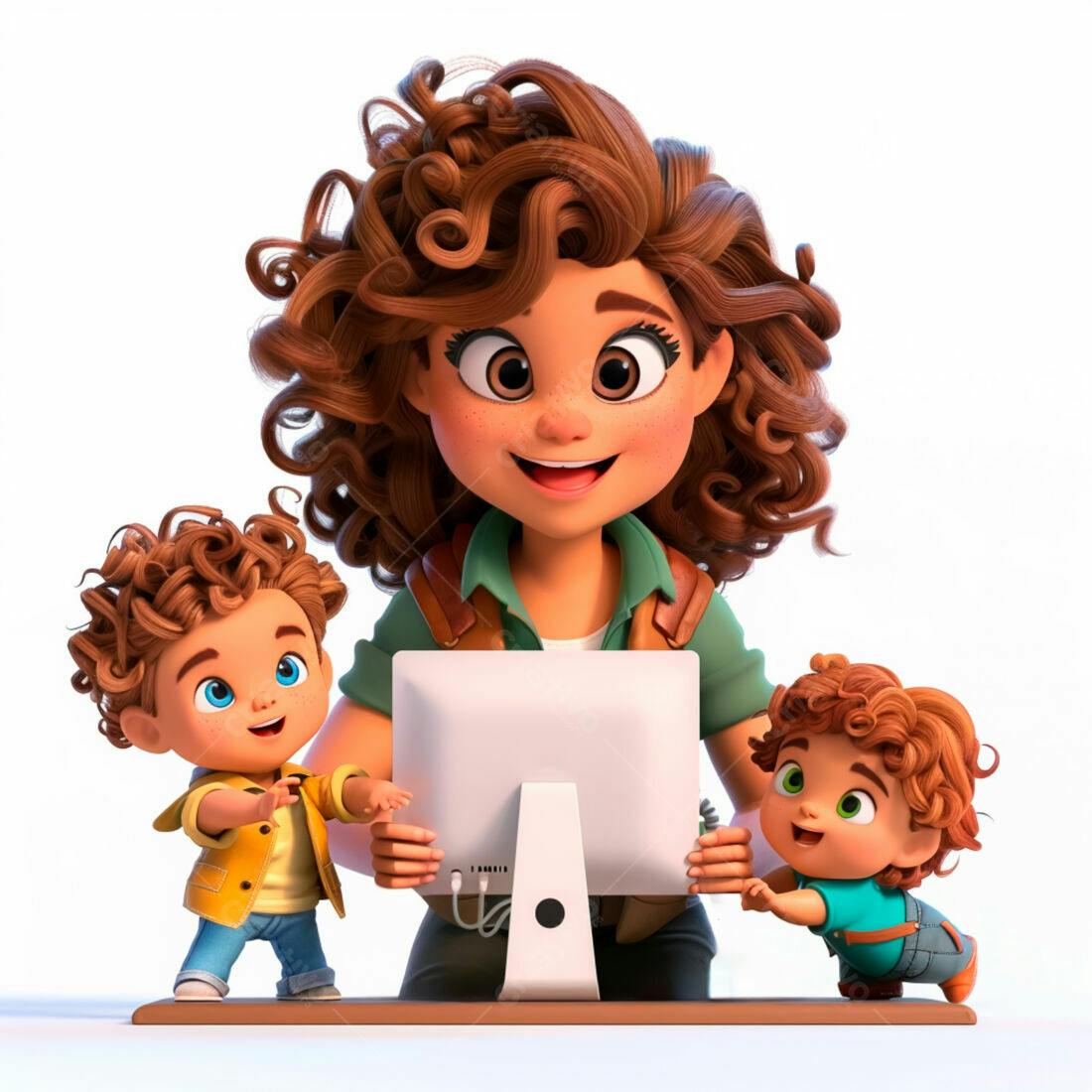 Mãe e filhos usando computador ilustração 3D
