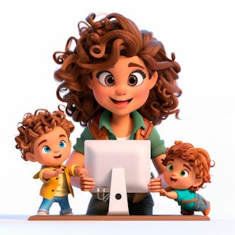 Imagem de uma mãe sentada trabalhando no computador com os filhos 11