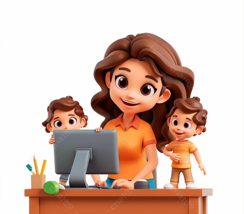 Imagem de uma mãe sentada trabalhando no computador com os filhos 12