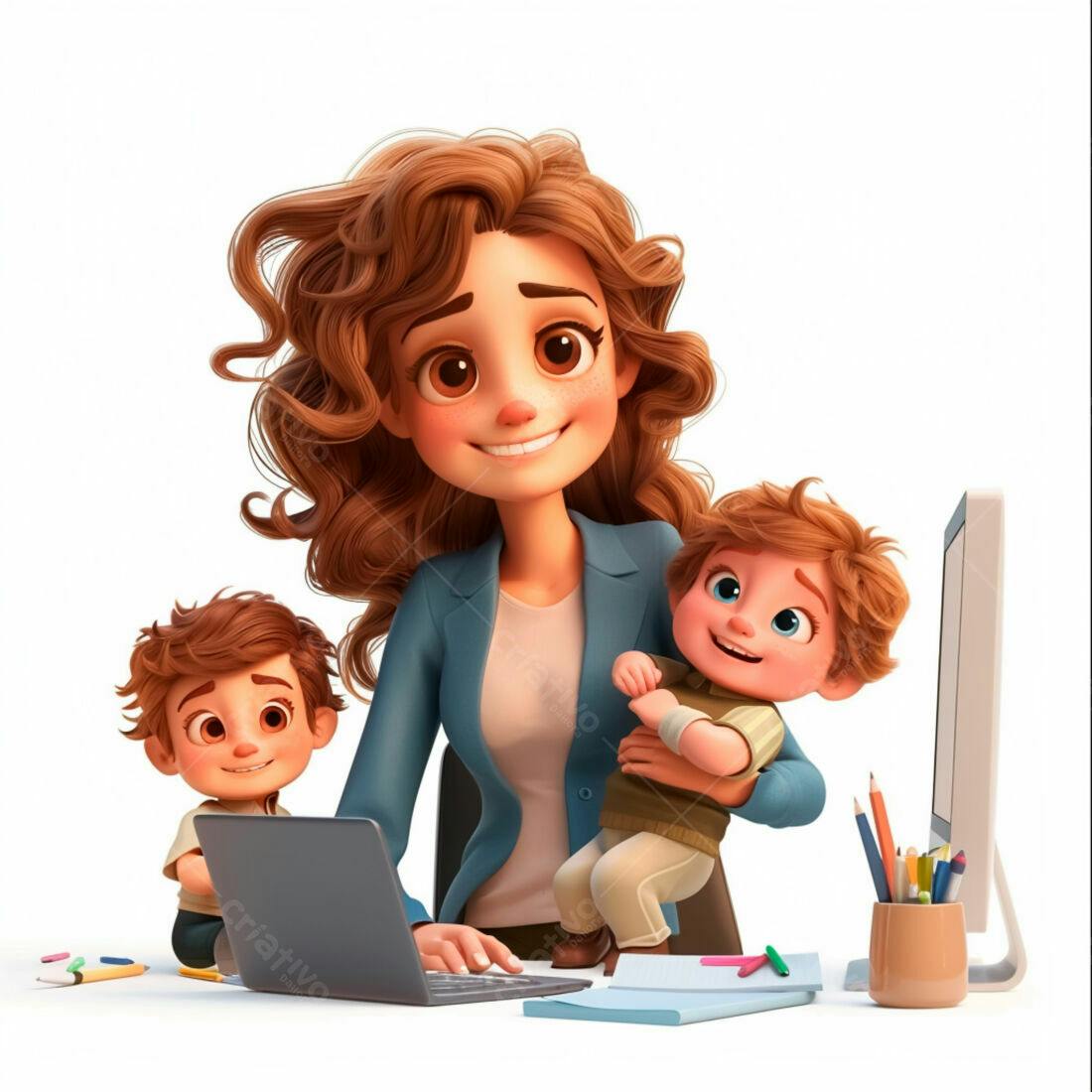 Mãe Trabalhando com Dois Filhos em Casa
