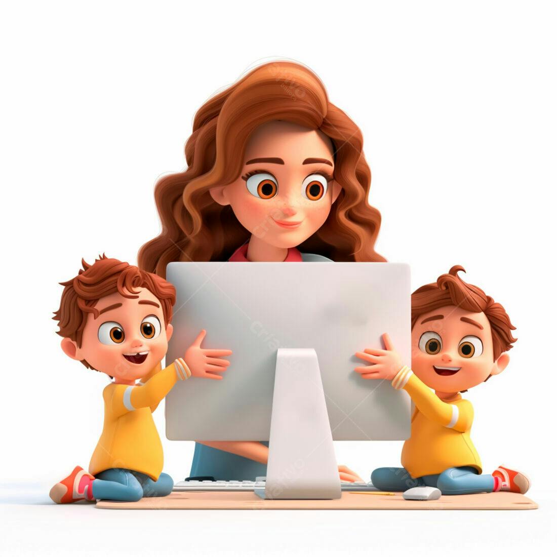 Mãe e filhos gêmeos usando computador