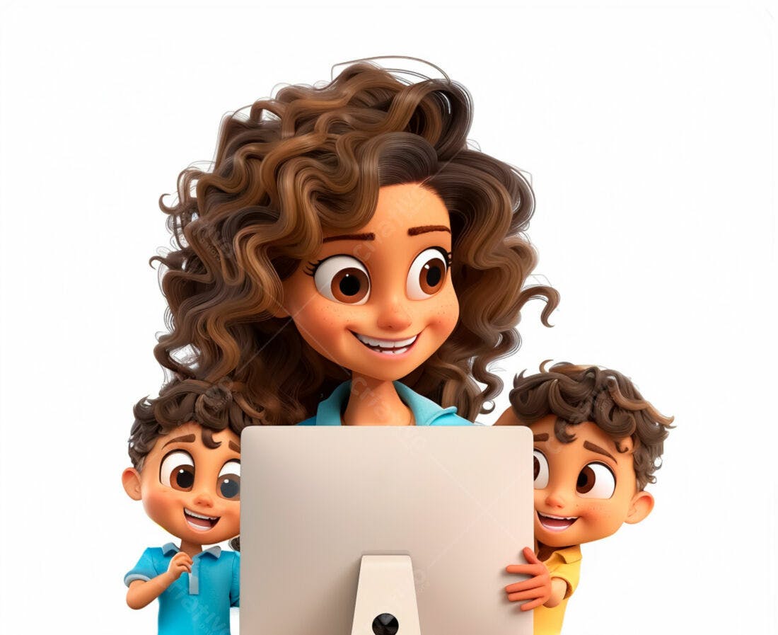 Mãe e filhos usando computador alegremente