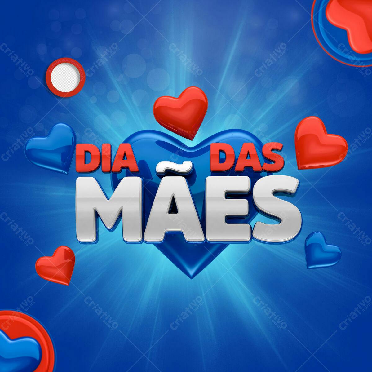 Selo 3D Dia das Mães azul e vermelho brilhante