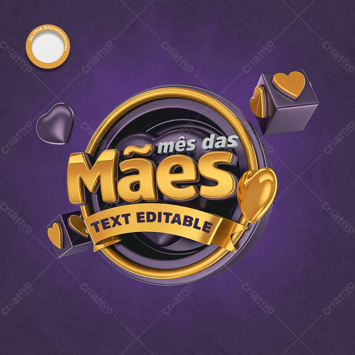 Selo 3D Dia das Mães dourado e roxo