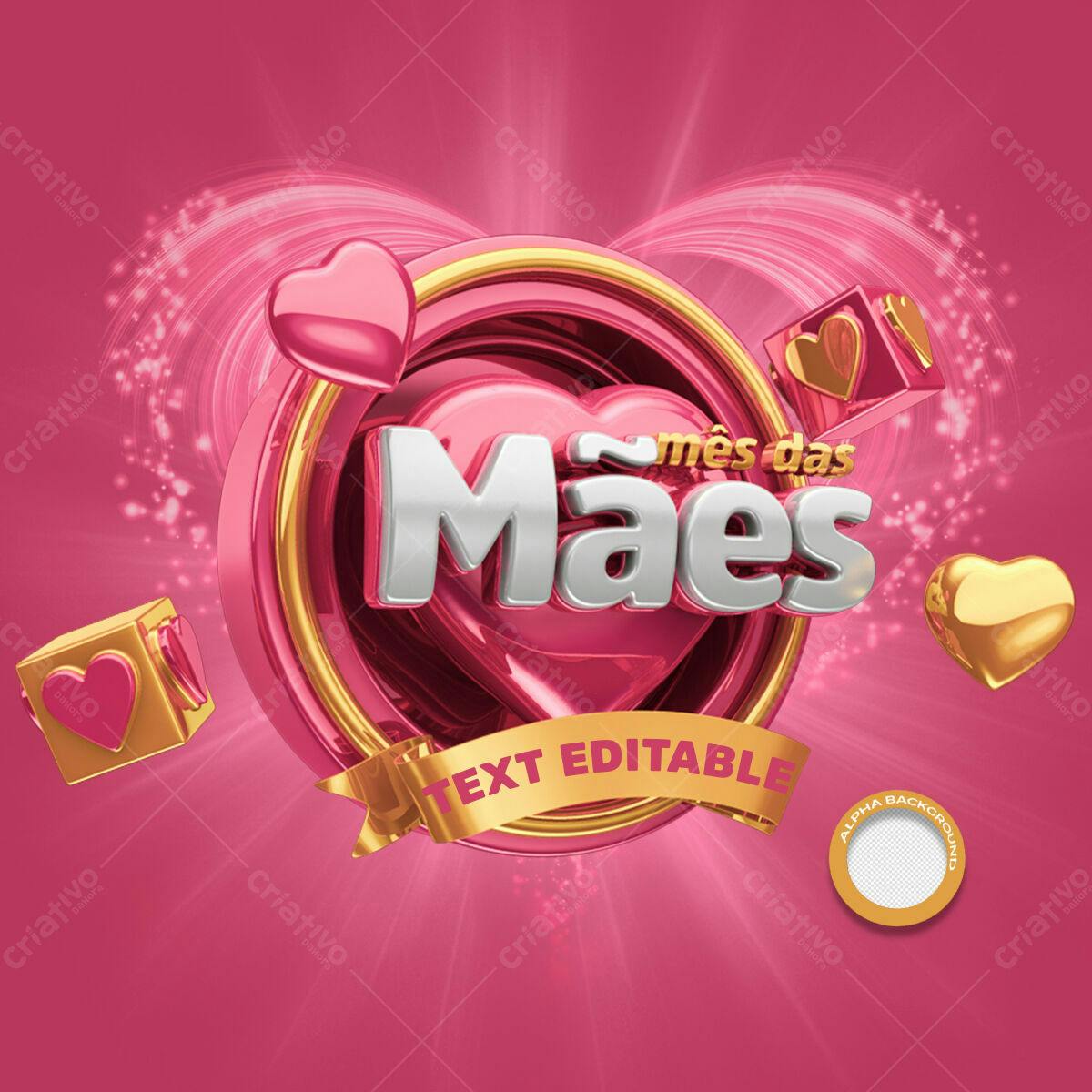 Selo 3D Dia das Mães Rosa e Dourado