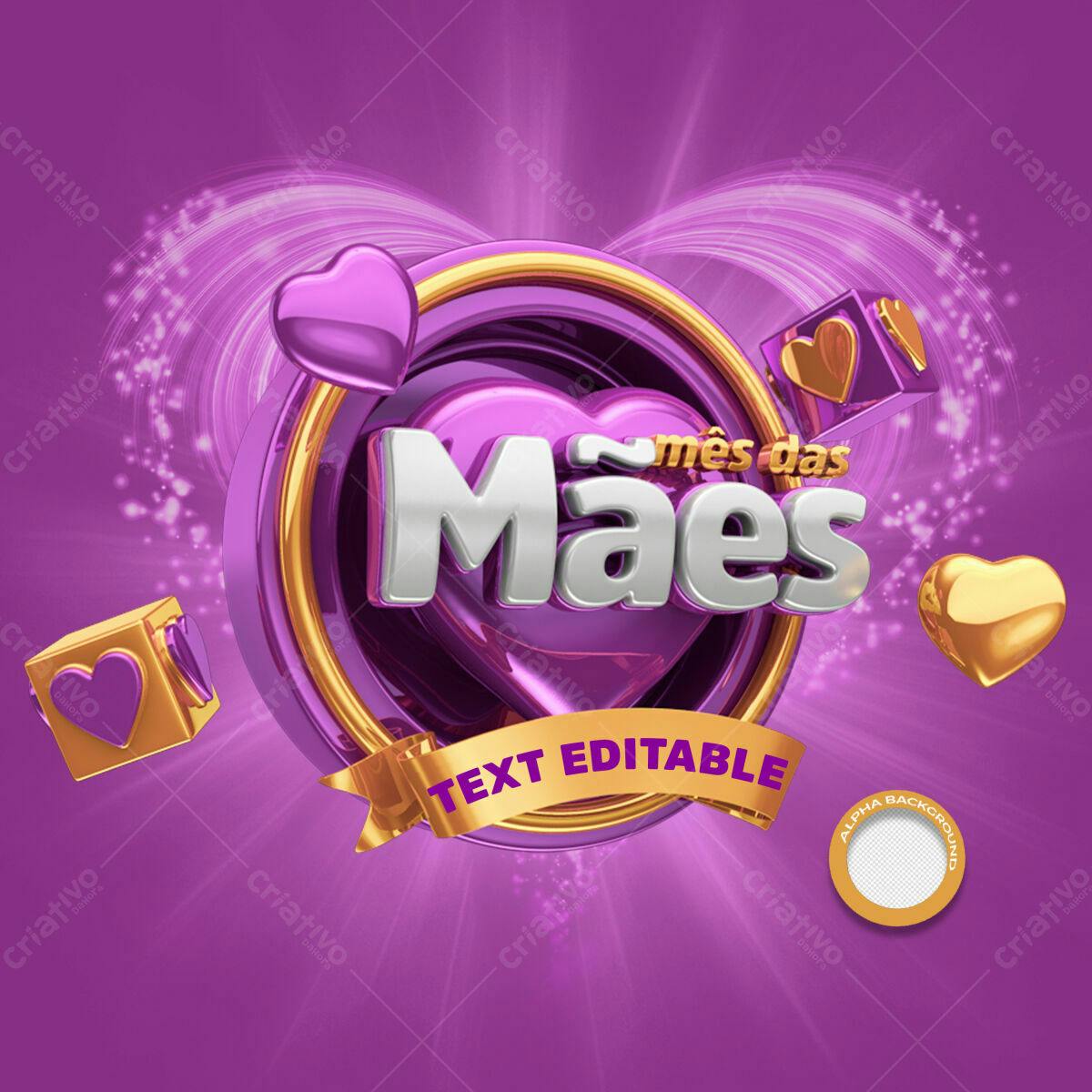 Selo 3D Dia das Mães roxos e dourados