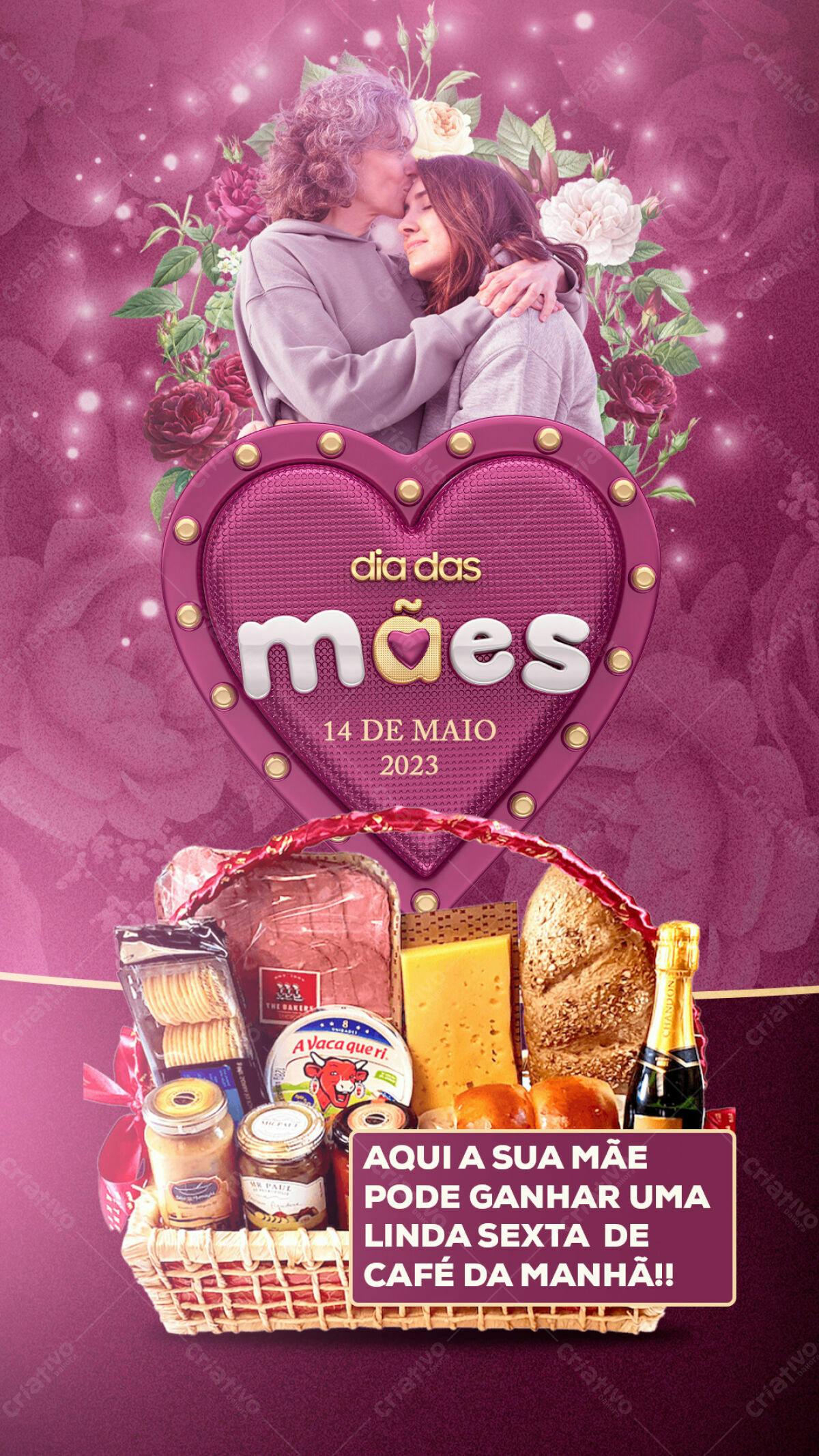 Flyer Dia das Mães com cesta de café da manhã PSD Editável