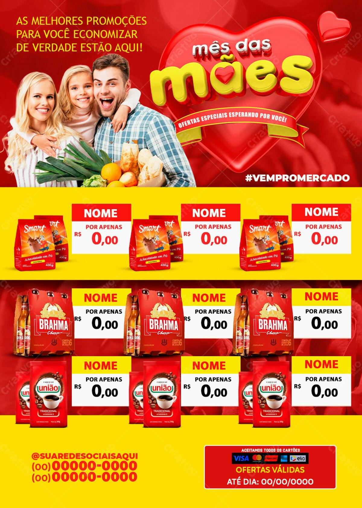 Flyer Mês das Mães com Promoções de Supermercado PSD Editável