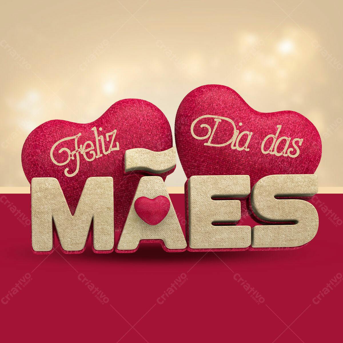 Selo 3D Dia das Mães corações vermelho e bege
