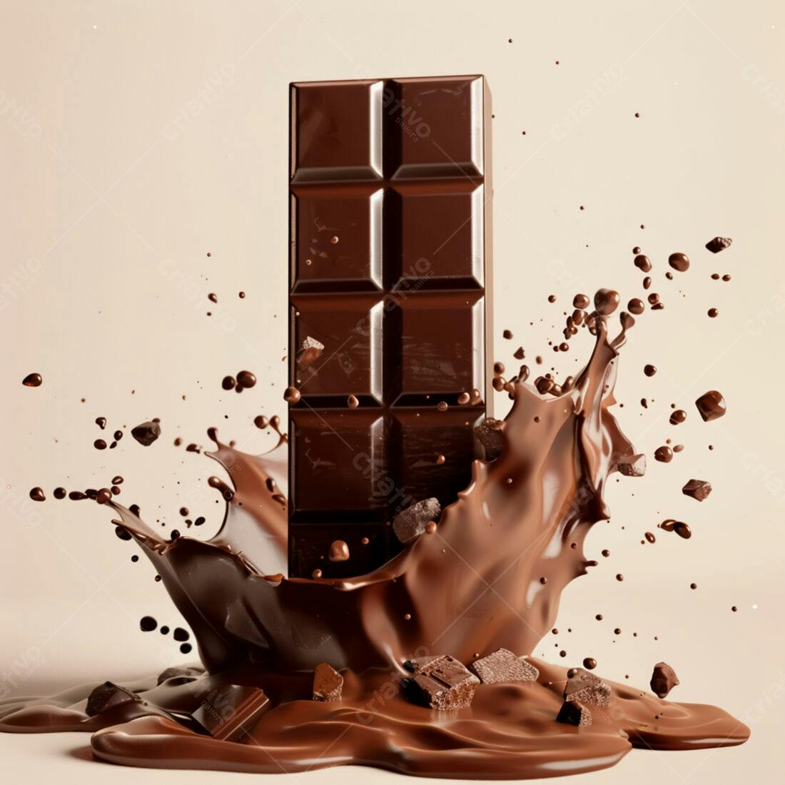 Barra de chocolate caindo em chocolate líquido