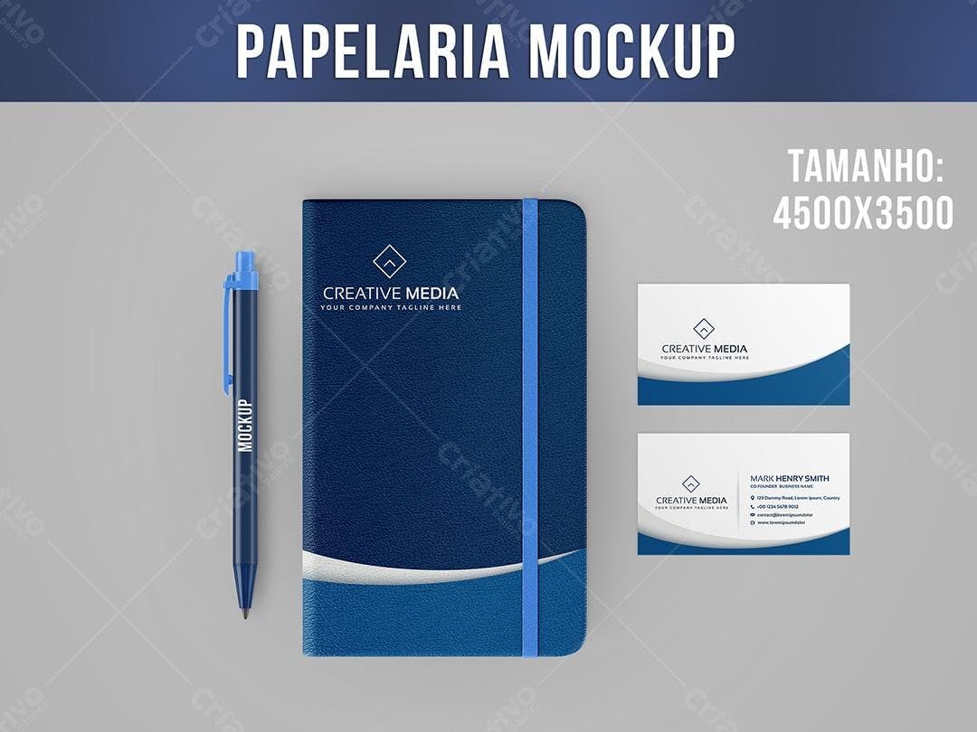 Mockup de Papelaria Corporativa: Notebook, Caneta e Cartões em Azul Marinho