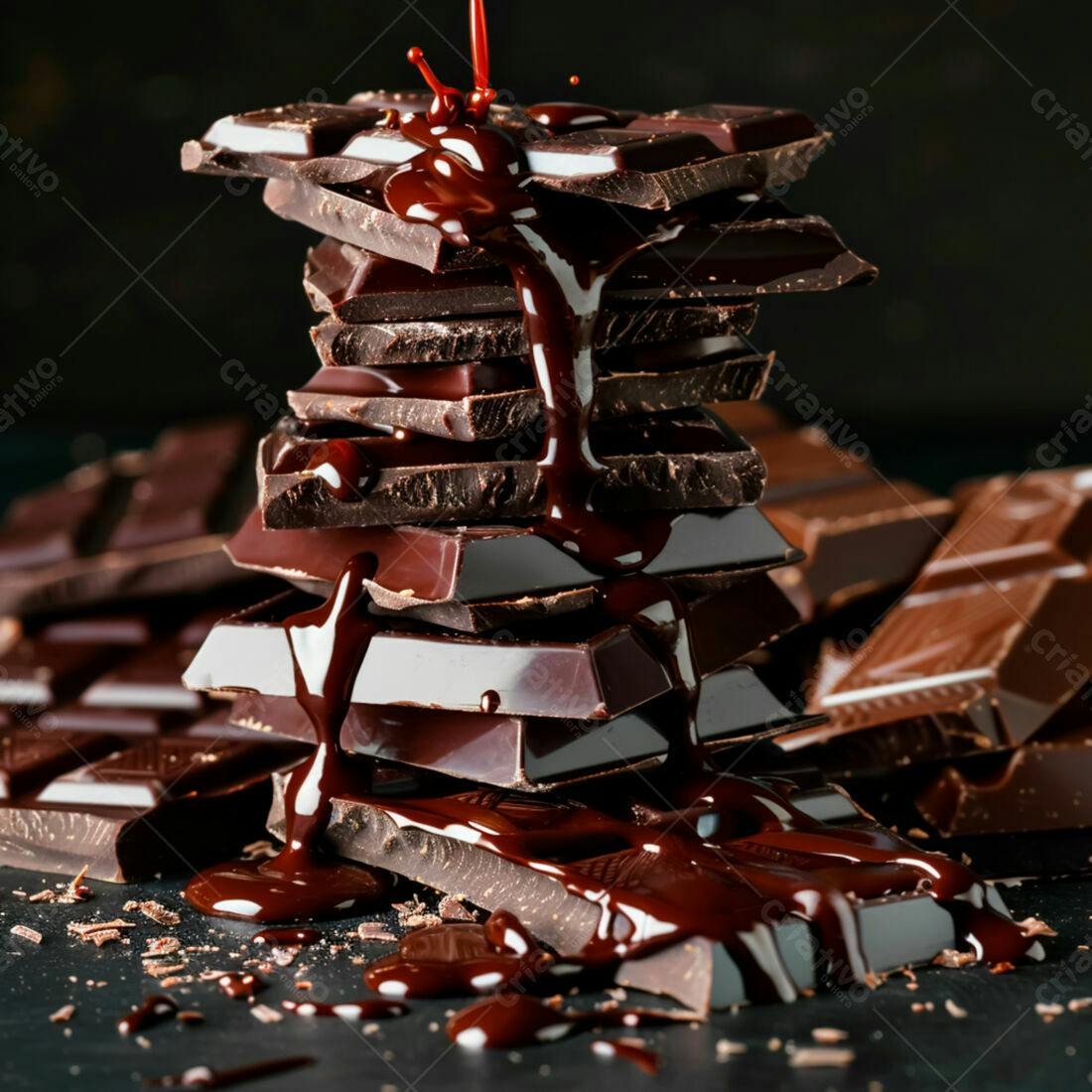 Barra de chocolate derretido sobre pilha de chocolates