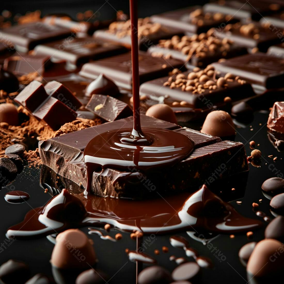 Chocolate derretendo sobre barras e pedaços