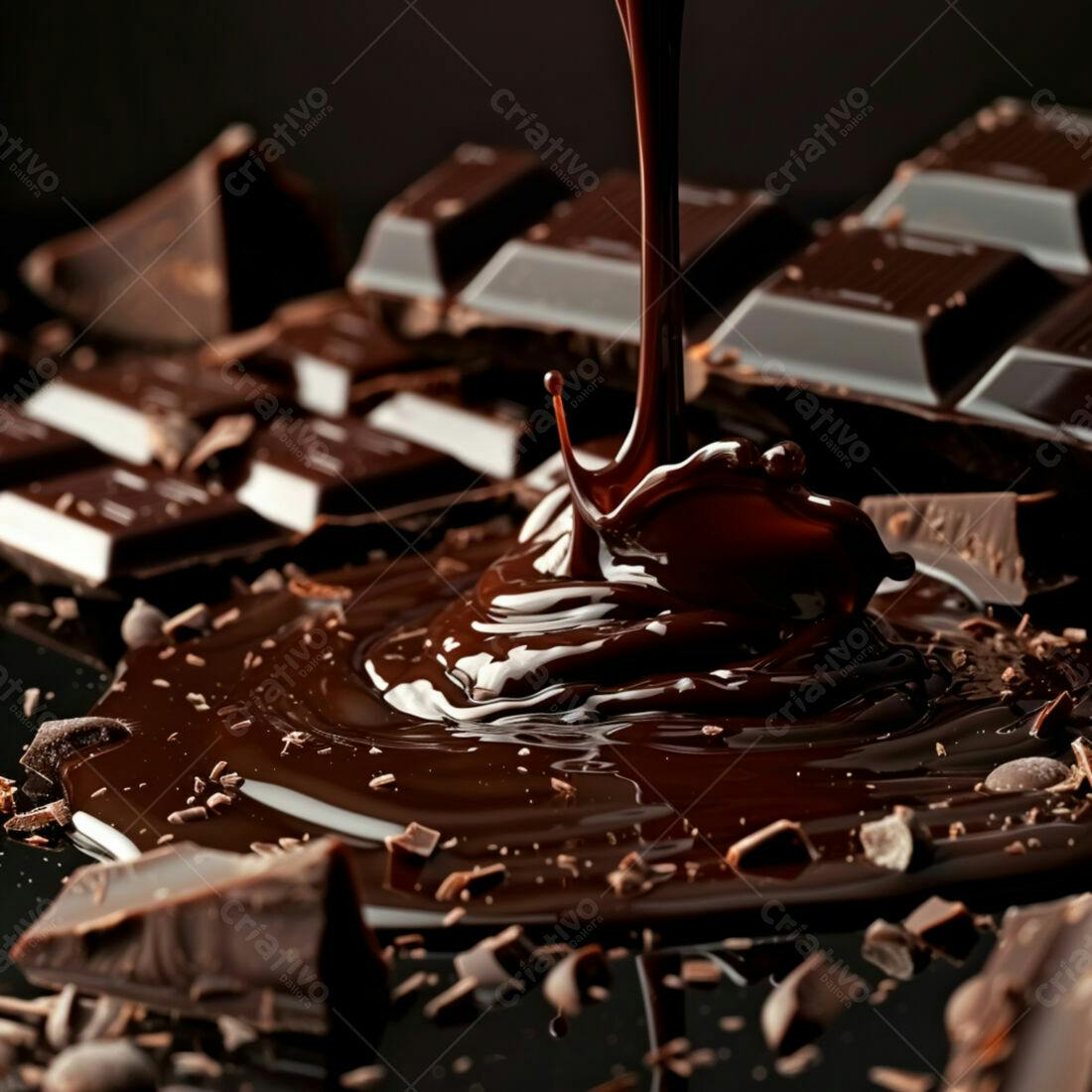 Chocolate derretendo com pedaços e lascas