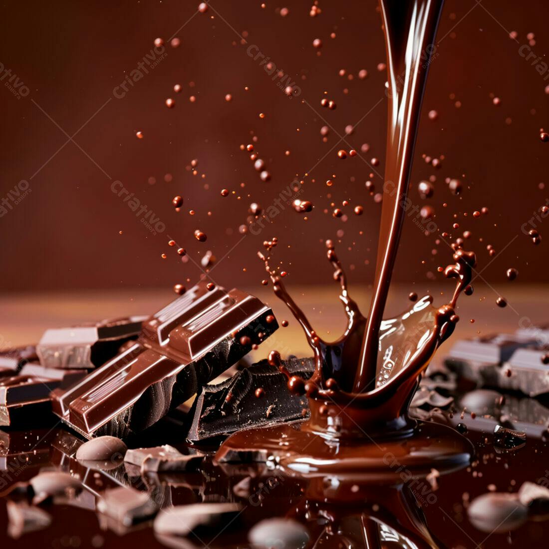 Chocolate derretendo com pedaços e gotas