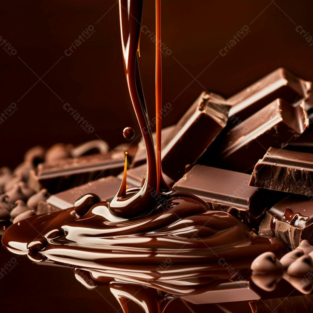Chocolate derretendo sobre barras e gotas