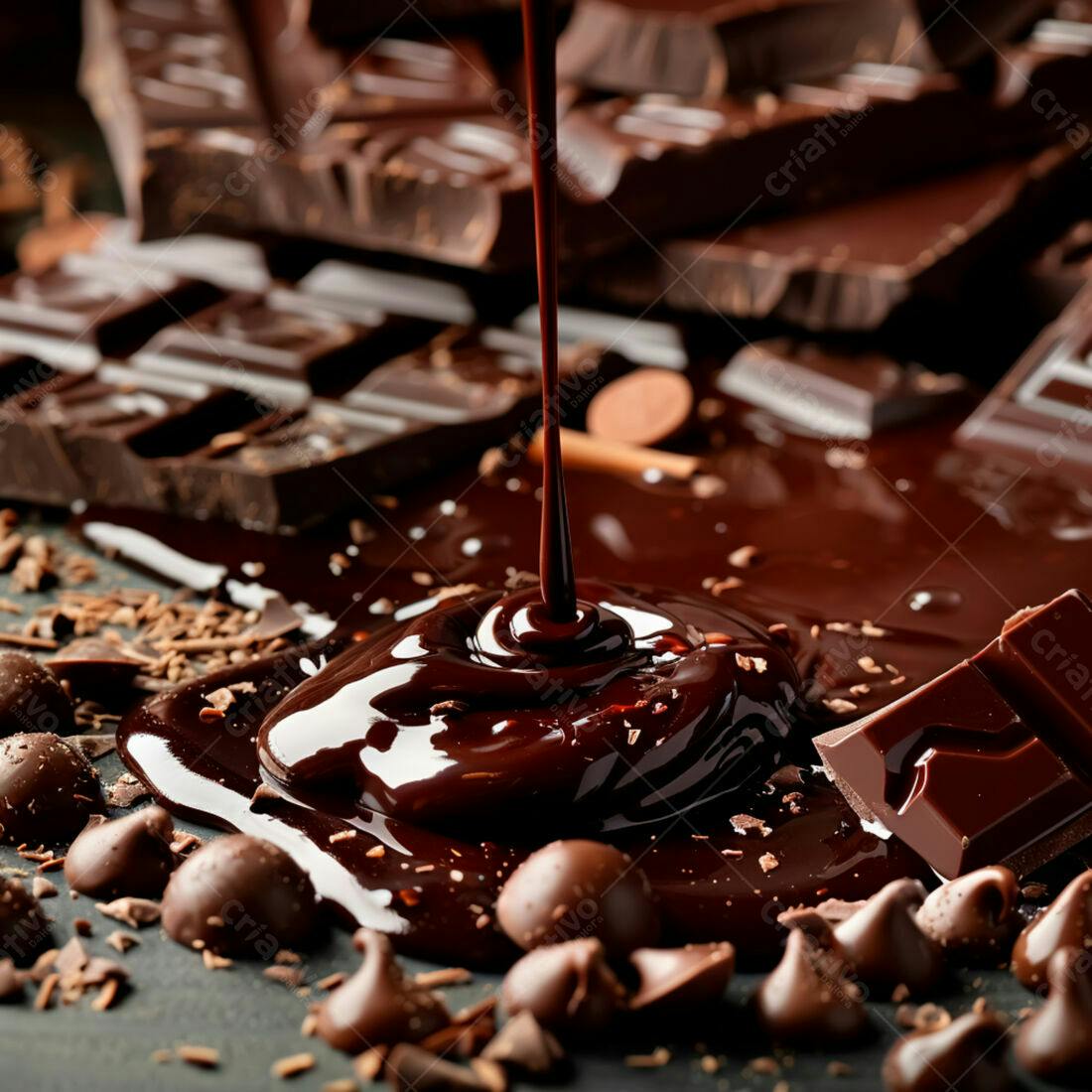 Chocolate derretendo com pedaços e gotas