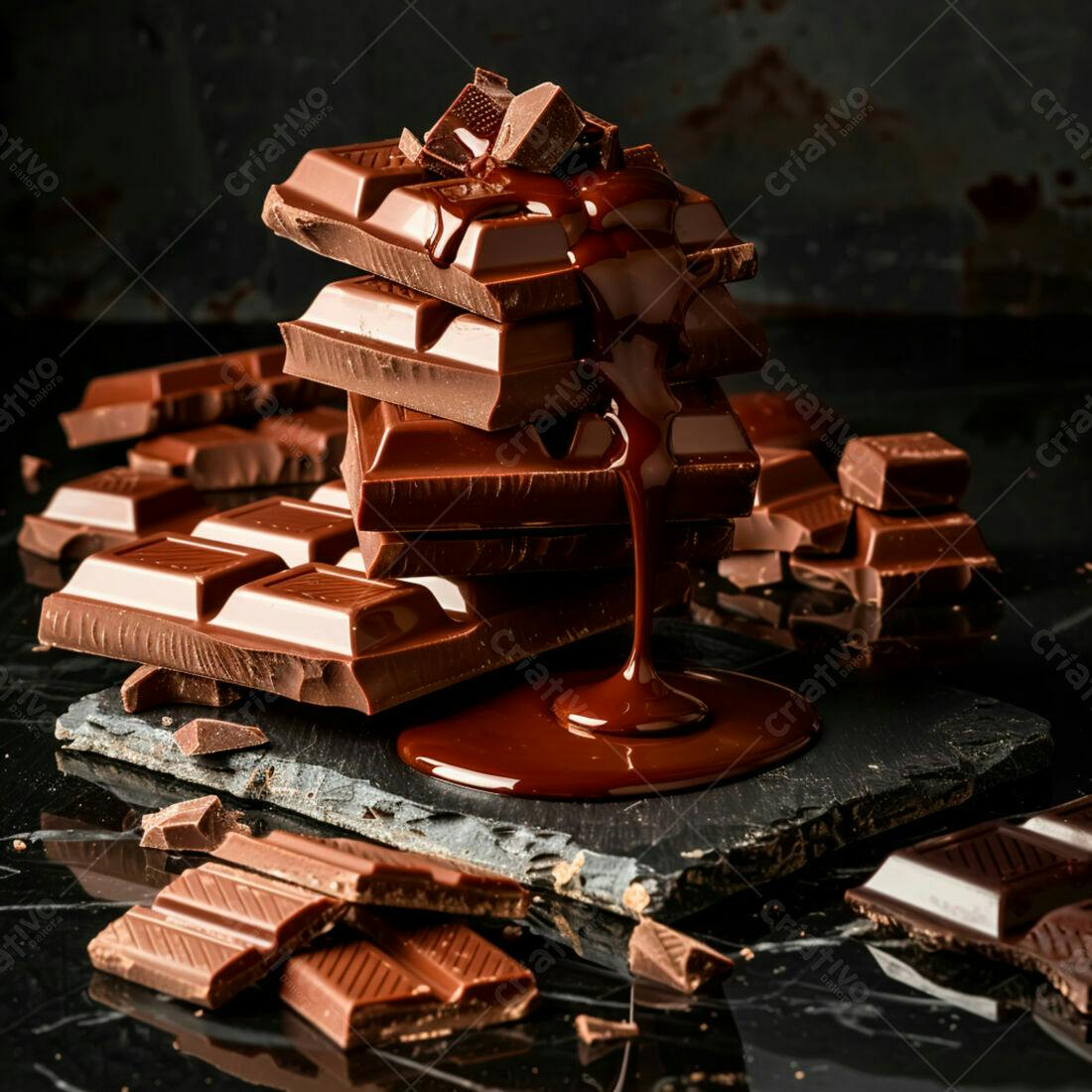 Barra de chocolate derretida sobre pilha