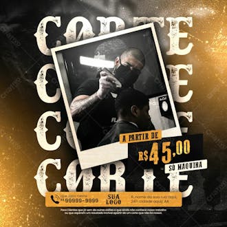 Barbearia social media post corte de cabelo em promoção