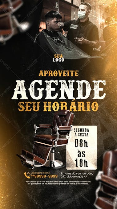 Stories barbearia social media post agende seu horário