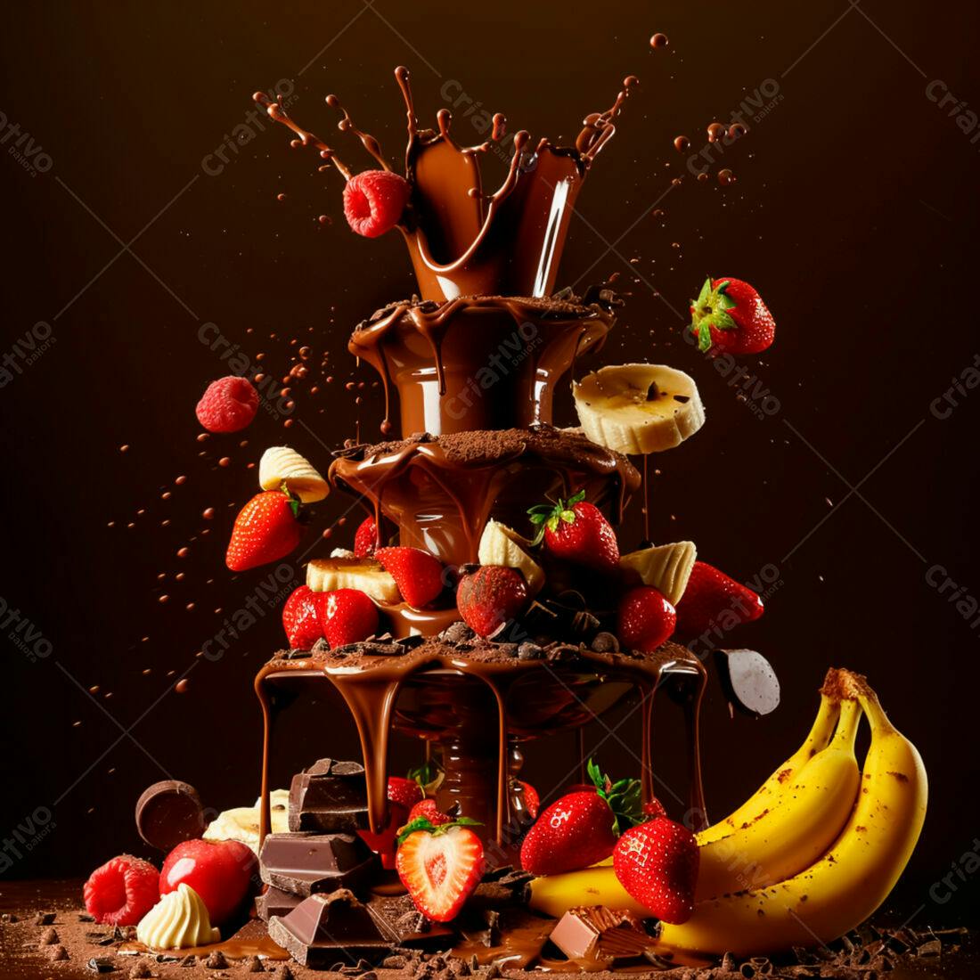 Fonte de chocolate com morangos e bananas
