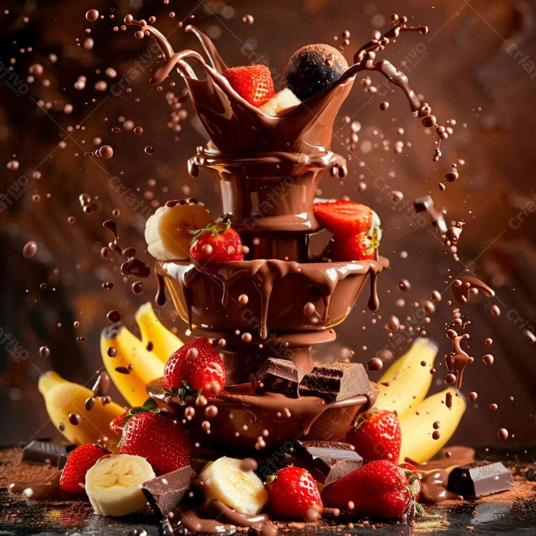 Fonte de chocolate com morangos e bananas