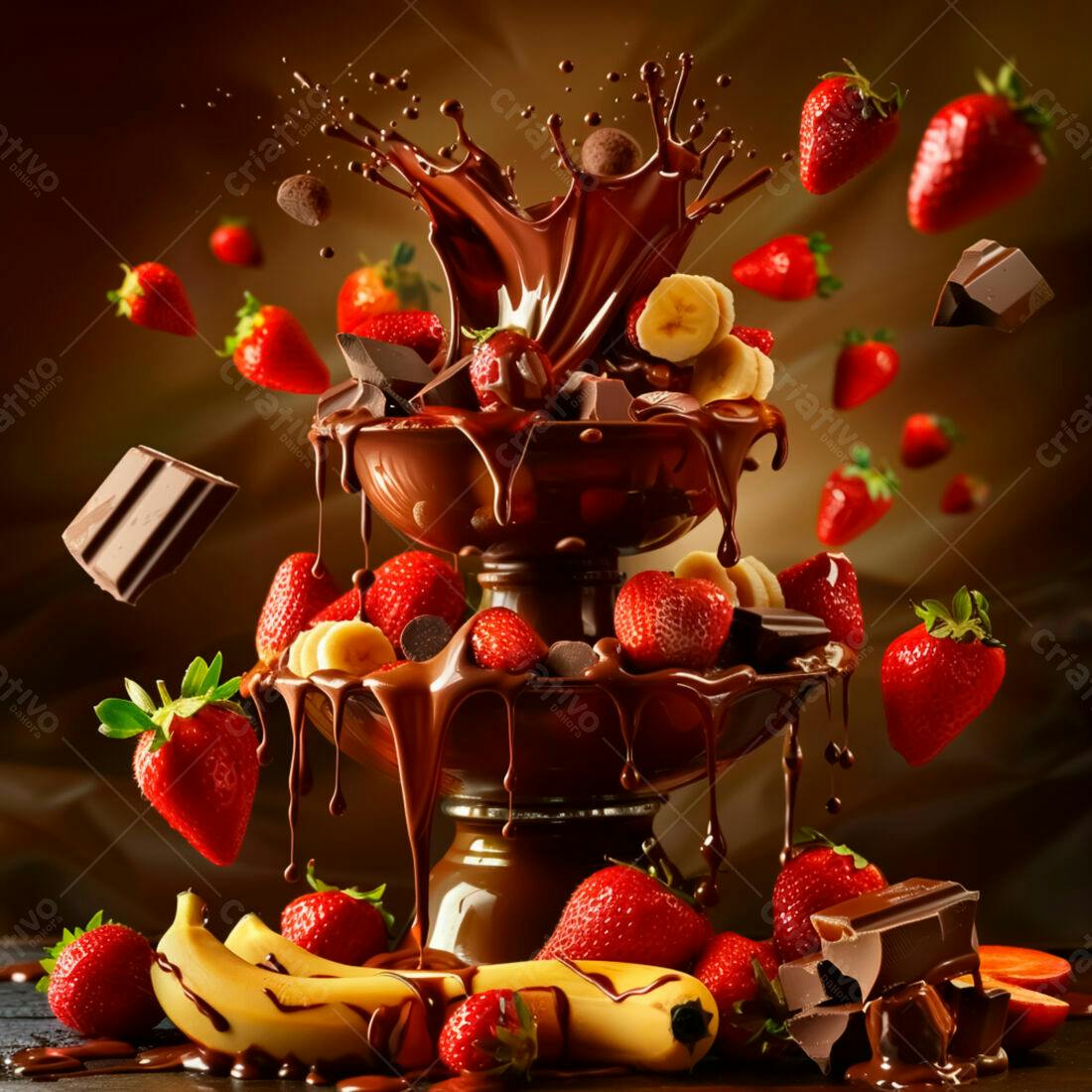 Fonte de chocolate com morangos e bananas