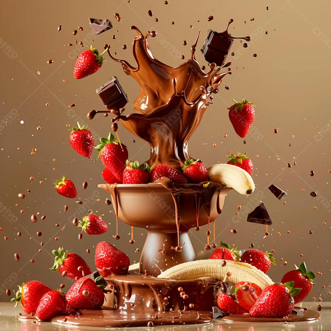 Morangos e banana em chocolate derretido