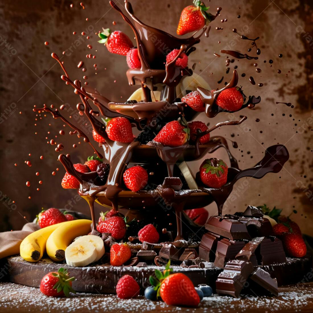 Fonte de chocolate com frutas vermelhas e bananas