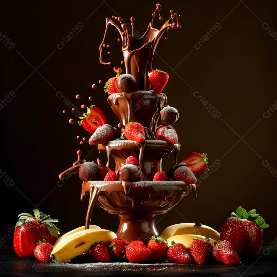 Fonte de chocolate com morangos e bananas