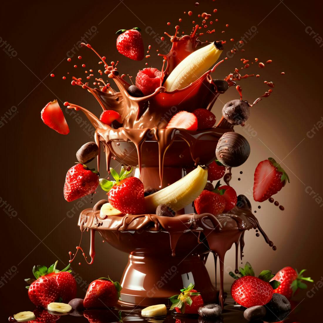 Fonte de chocolate com morangos e bananas