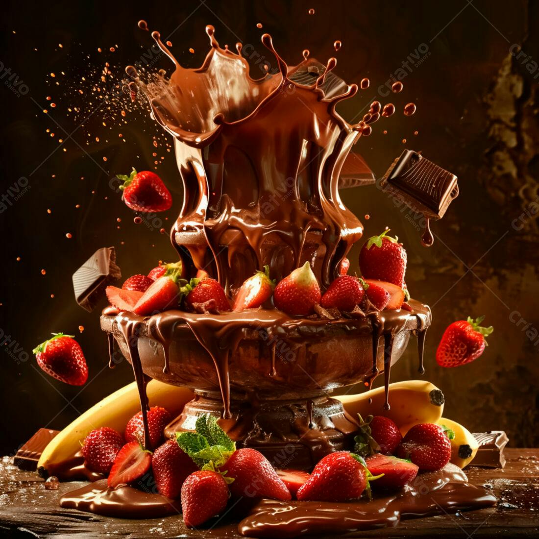 Fonte de chocolate com morangos e bananas