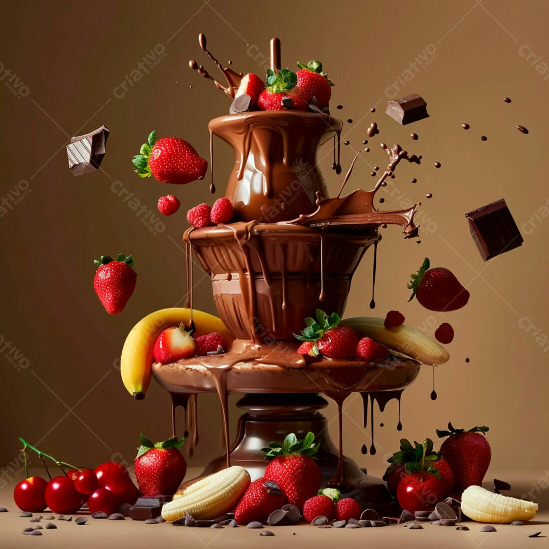 Fonte de chocolate com frutas em queda